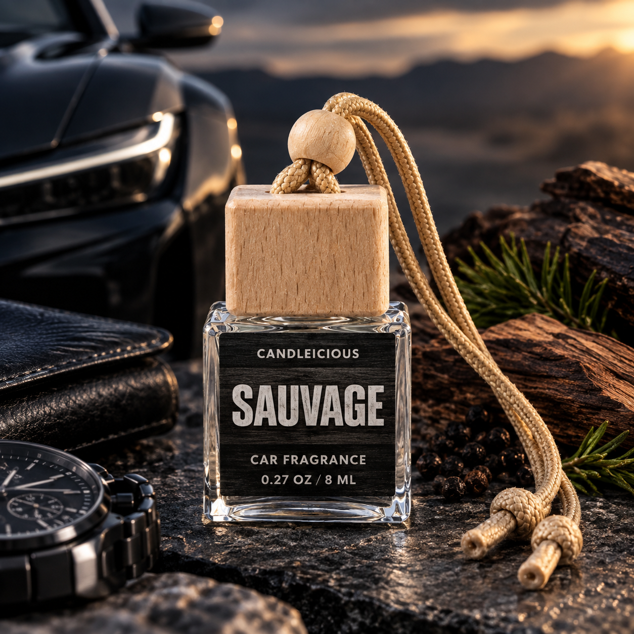 The Scent Garage Sauvage car diffuser bottle with rope hanger